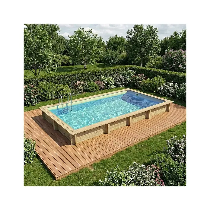 Holzpool AQUA 7 x 3.75 - H.1.45 m, sandfarben, verschraubt -  - Ein Aufstell-Holzschwimmbecken mit umlaufender Holzterrasse.