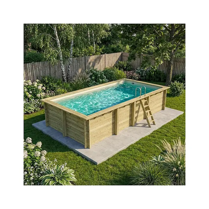 Holzpool AQUA 7 x 3.75 - H.1.45 m, sandfarben, verschraubt -  - Rechteckiger Aufstellpool mit natürlicher Holzverkleidung und Leiter, auf Betonplatte platziert.