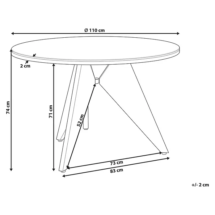 Runder Tisch OLMETTO in Schwarz - (W) 110 x (H) 74 x - L - Strichzeichnung eines runden Tisches mit Maßen: 110 cm Durchmesser, 74 cm Höhe.