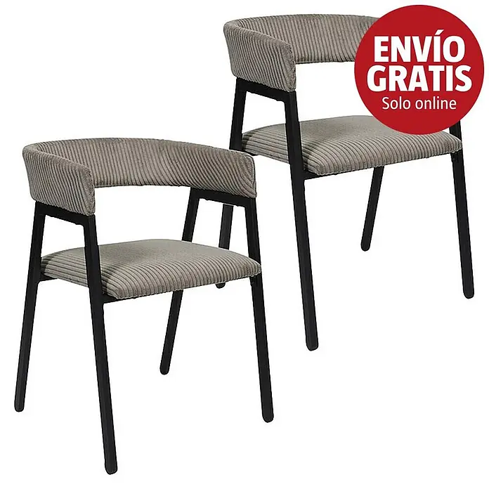 Home Deco Factory Silla Scott - Taupe, 2 ud. - Dos sillas modernas con estructura de metal negro y tapicería de pana acanalada gris claro.