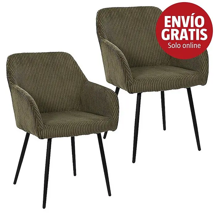 Home Deco Factory Silla butaca Scott - Verde, 2 ud. - Dos sillones de pana verde oliva con patas de metal negro.