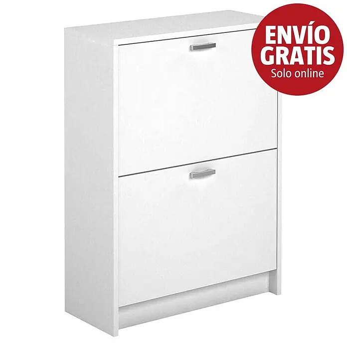 Meka Block Zapatero K-30 - L x An x Al: 25 x 60 x 81,6 cm, Blanco, Número de compartimentos: 2 ud. - Zapatero blanco con dos compartimentos abatibles y tiradores plateados.