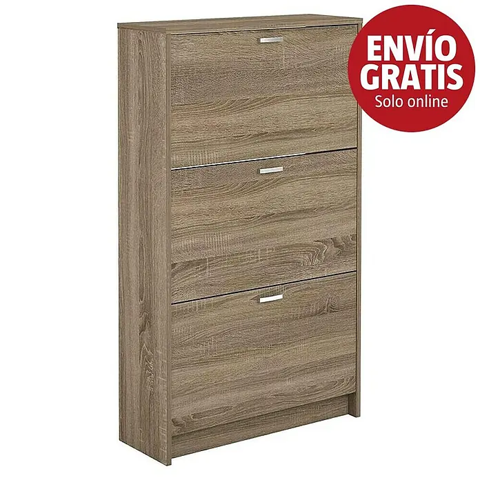 Meka Block Zapatero K-30 - L x An x Al: 25 x 70 x 120 cm, Roble Cortez, Número de compartimentos: 3 ud. - Zapatero de aspecto de madera clara con tres cajones abatibles y tiradores plateados.