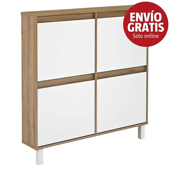 Meka Block Zapatero K-304 - L x An x Al: 20 x 110 x 110 cm, Roble Albar/Blanco Poro, Número de compartimentos: 4 ud. - Zapatero de madera con cuatro puertas blancas y patas blancas.