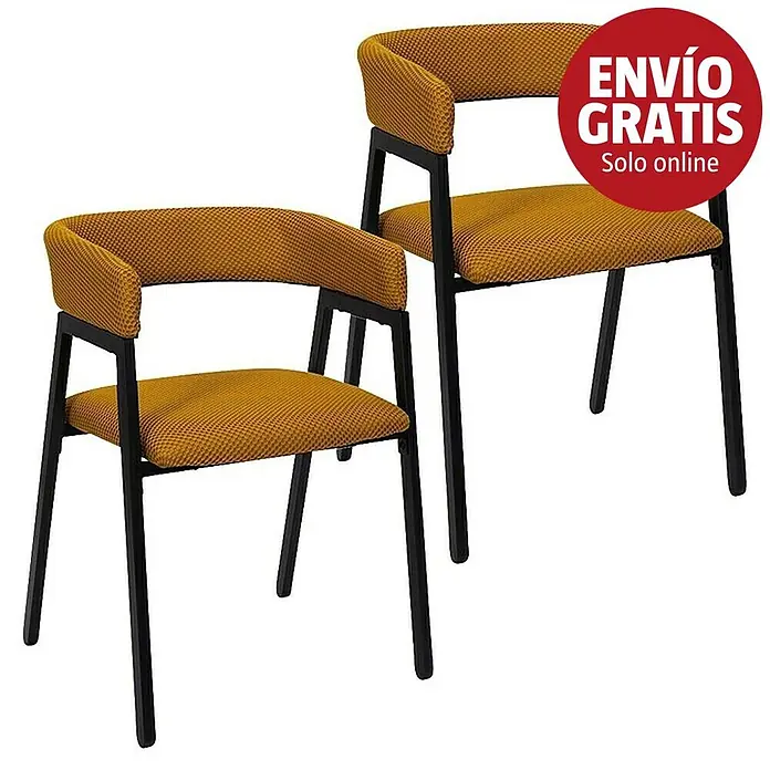 Home Deco Factory Silla Atom - Mostaza, 2 ud. - Dos sillas tapizadas amarillo mostaza con estructuras de metal negro.
