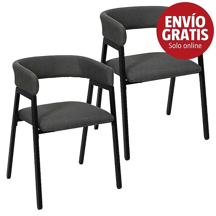 Home Deco Factory Silla Atom - Gris, 2 ud. - Dos sillas de comedor tapizadas en gris oscuro con estructura de metal negro y reposabrazos curvos.