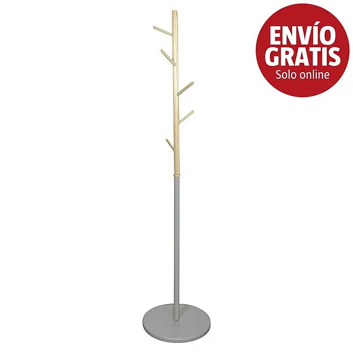 Home Deco Factory Perchero de pie Miko - Ø x Al: 40 x 173 cm, Número de ganchos: 5 ud., Gris/Madera - Perchero de pie bicolor de madera clara con múltiples ganchos y un poste gris con base redonda.