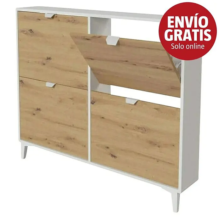 Meka Block Zapatero K-642 - L x An x Al: 20 x 117 x 97,5 cm, Roble Albar/Blanco Soft, Número de compartimentos: 4 ud. - Zapatero blanco y efecto madera clara con tres compartimentos abatibles, algunos abiertos, y dos estantes superiores abiertos, sobre patas blancas.