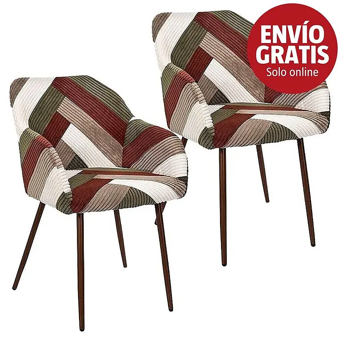 Home Deco Factory Silla Scott - Patchwork, 2 ud. - Dos sillas auxiliares con tapicería de pana de rayas geométricas en tonos tierra y blanco, con patas marrones oscuras y divergentes.