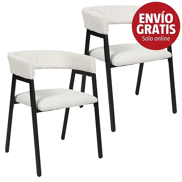 Home Deco Factory Silla Scott - Beige, 2 ud. - Juego de dos sillas con tapicería de pana blanca y estructuras de metal negro.