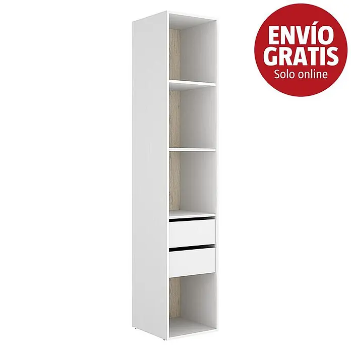 Dekit Armario para ropa Suit - L x An x Al: 45 x 45 x 204,5 cm, Blanco/Natural, Trasera reversible - Estantería alta blanca con estantes abiertos y dos cajones, con detalles interiores de madera clara.