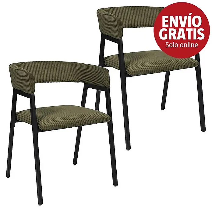 Home Deco Factory Silla Scott - Verde, 2 ud. - Dos sillas de pana verde oliva con marcos de metal negro.