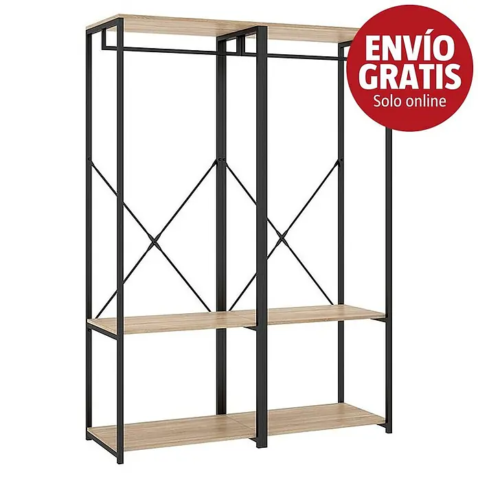 Dekit Armario para ropa Trok - L x An x Al: 40,4 x 120 x 167 cm, Negro/Roble, Acero/Melamina - Armario/estantería abierto de metal negro y madera clara con tirantes cruzados.
