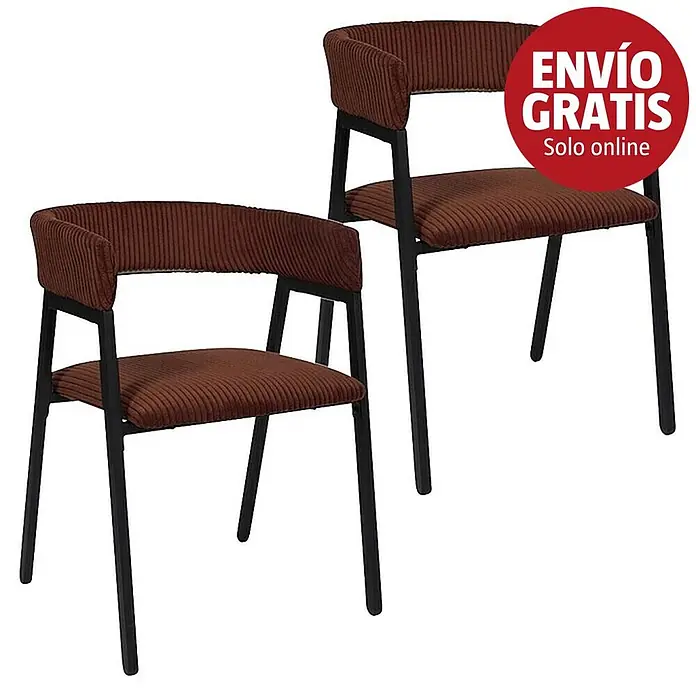 Home Deco Factory Silla Scott - Terracota, 2 ud. - Dos sillas de comedor de pana marrón con marcos de metal negro y una pegatina roja "ENVÍO GRATIS Solo online".