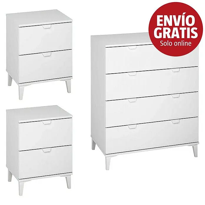 Meka Block Cómoda K-914 con mesitas de noche K-913 - Blanco poro, 3 pzs. - Conjunto de muebles de almacenamiento blancos: dos mesitas de noche de 2 cajones y una cómoda de 4 cajones, diseño moderno, con patas cortas.