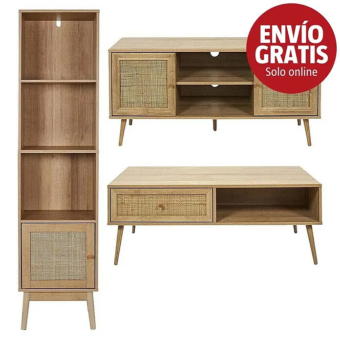 Home Deco Factory Bali Conjunto mueble de salón - 3 pzs., Marrón, Con ratán trenzado - Conjunto de muebles de madera clara con detalles de ratán: una estantería alta, un mueble de TV y una mesa de centro.