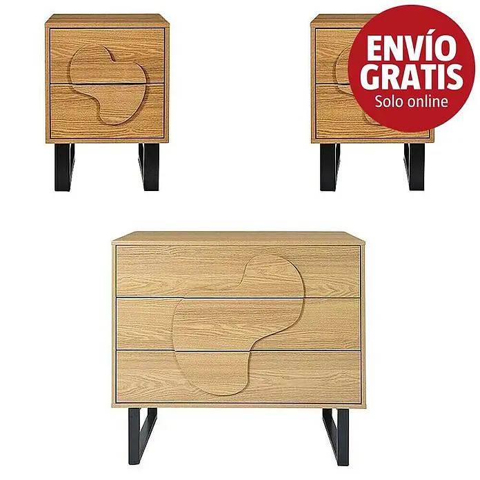 Home Deco Factory Calypso Cómoda con mesitas - 3 pzs., Marrón/Negro, Relieves curvos - Mesitas de noche y cómoda a juego de madera clara con frentes de cajón con recorte orgánico y patas negras.