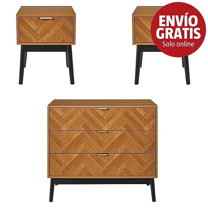 Home Deco Factory Felix Cómoda con mesitas - 3 pzs., Marrón/Negro, Acabado en espiga - Mesitas de noche y cómoda de madera con cajones con patrón de espiga y patas negras.