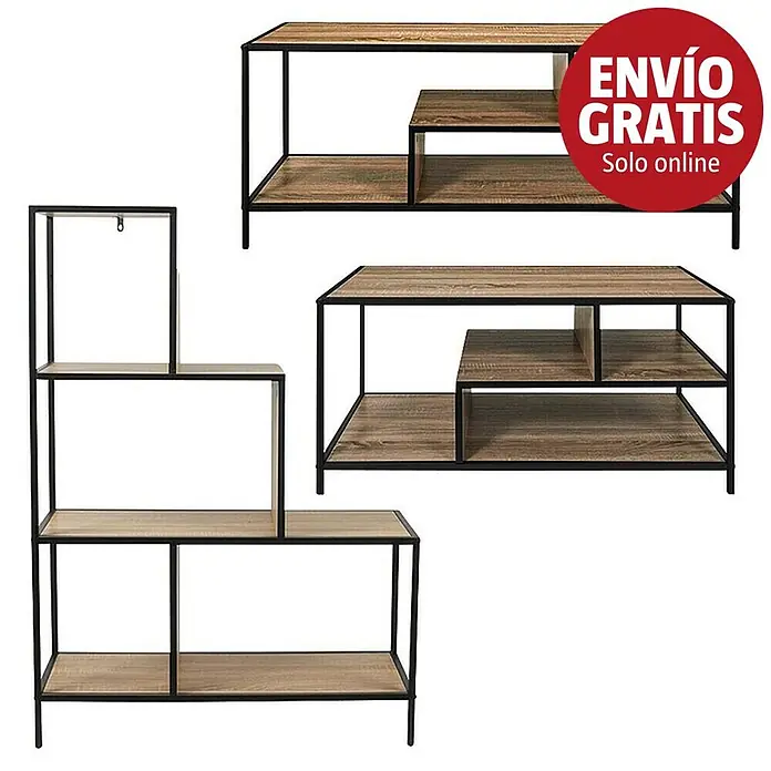 Home Deco Factory Edison Conjunto mueble de salón - 3 pzs., Negro/Marrón - Estanterías modulares / mesas de centro de madera y metal negro.