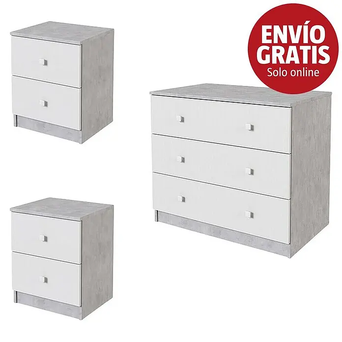 Meka Block Cómoda con mesitas de noche K-63 - 3 pzs., Cemento Grey/Blanco Liso - Dos mesitas de noche blancas y una cómoda a juego de tres cajones con encimeras y laterales de efecto hormigón gris.