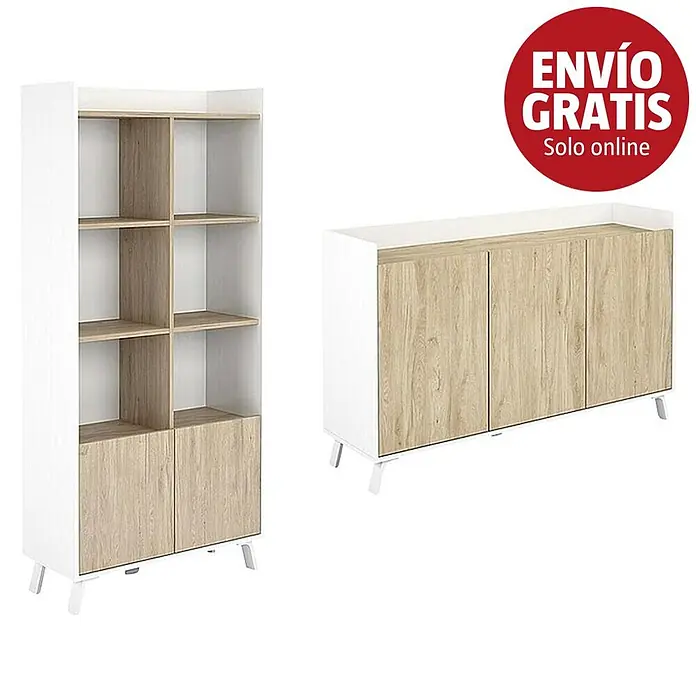 Meka Block Conjunto mueble de salón K-50 - 2 pzs., Blanco Poro/Roble Aurora - Estantería y aparador a juego blancos y de madera clara con patas blancas.