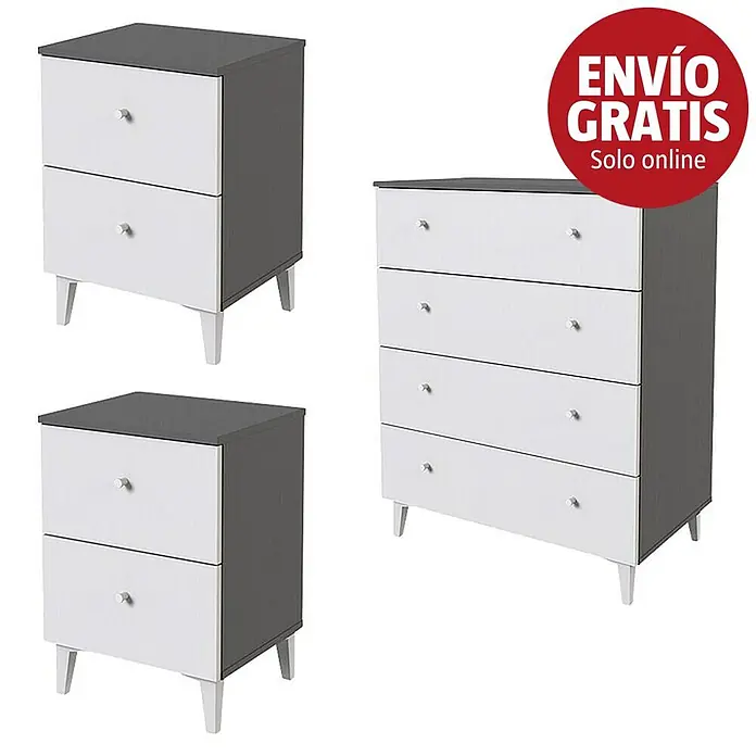 Meka Block Cómoda con mesitas de noche París - 3 pzs., Gris París/Blanco Liso - Mesitas de noche gris oscuro y una cómoda con cajones y patas blancas.