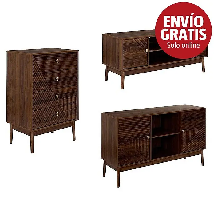 Home Deco Factory Tiffany Conjunto mueble de salón - Marrón, 3 pzs. - Conjunto de tres muebles de madera oscura: cómoda, mueble de TV bajo y aparador, con patrones geométricos acanalados y patas cónicas.