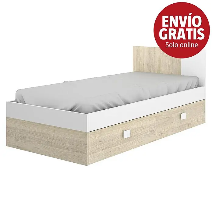Dekit Cama Dina con cajones - 3 pzs., Natural/Blanco - Cama individual con estructura de madera clara, detalles blancos y dos cajones de almacenaje con tiradores blancos.