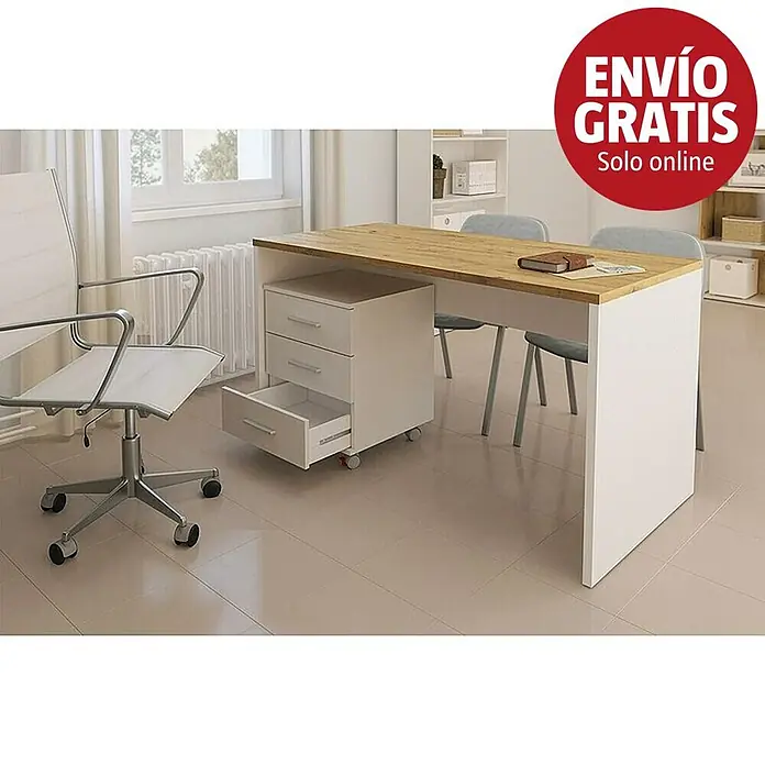 Meka Block Mesa de escritorio K-695 con cajonera K-906 - Roble Albar/Blanco, 2 pzs. - Escritorio blanco con tapa de madera y cajonera móvil de tres cajones; un cajón abierto. Ubicado en un luminoso ambiente de oficina.