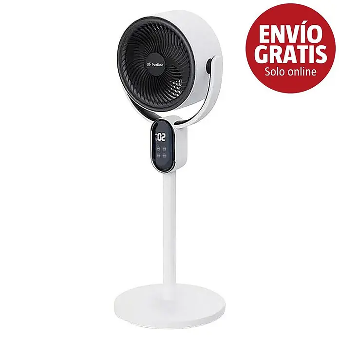 Purline Venty Ventilador de sobremesa Apollo - Blanco - Calefactor ventilador de pedestal blanco con rejilla negra y pantalla digital en su soporte.