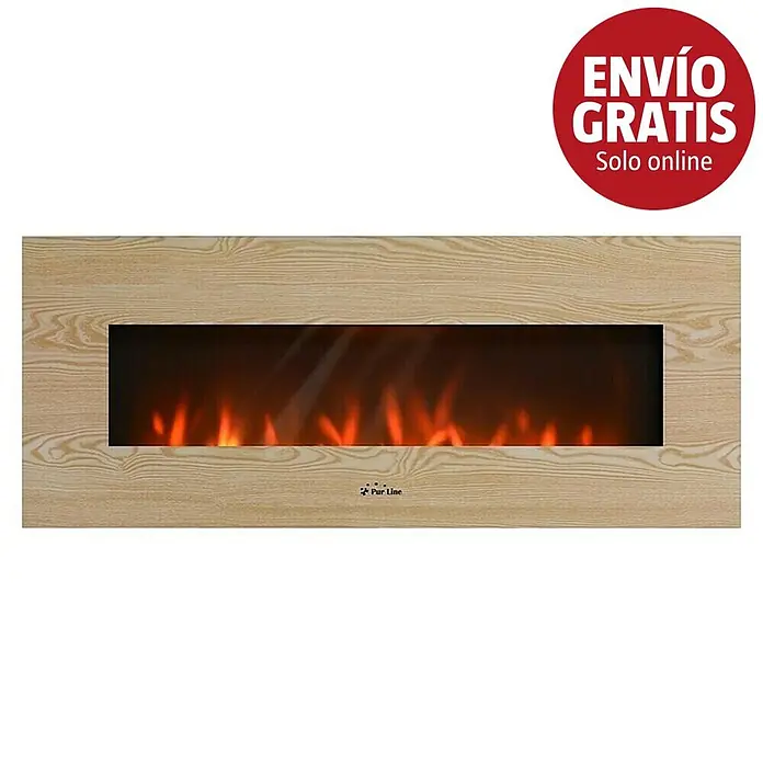 Purline Chimenea eléctrica CHE-530 - Beige, 2.000 W, 11 x 140 x 56 cm - Chimenea eléctrica con marco de imitación madera clara, muestra llamas artificiales realistas.