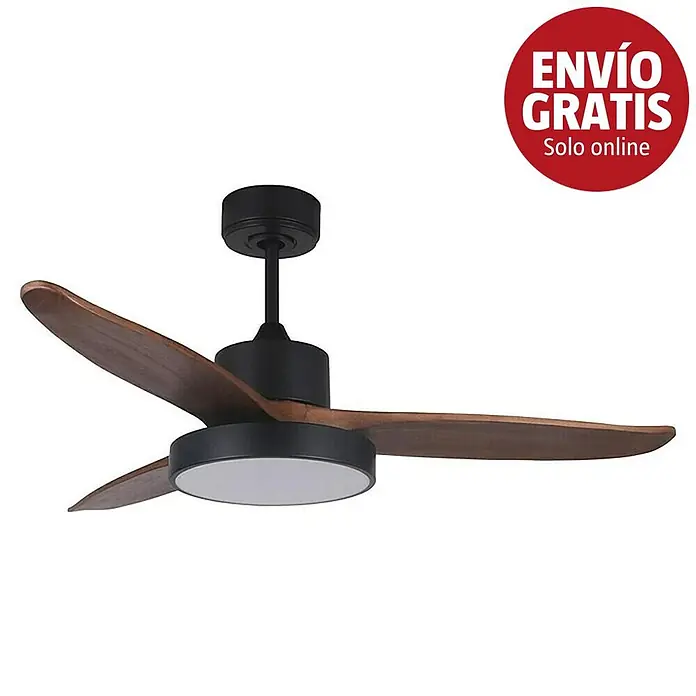 Purline Ventilador de techo Darkwind - Madera oscura, 132 cm, 35 W - Ventilador de techo negro con tres aspas de madera oscura y luz LED blanca redonda integrada.