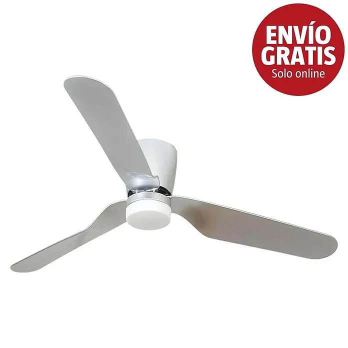Purline Ventilador de techo Low Profile - Plateado, 132 cm, 35 W - Ventilador de techo plateado con tres aspas y cuerpo central blanco con luz integrada.