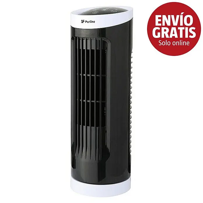Purline Venty Ventilador de torre Erebus - Negro/Blanco, 33 cm - Un ventilador de torre Purline blanco y negro con base y panel superior blancos, con botones de control.