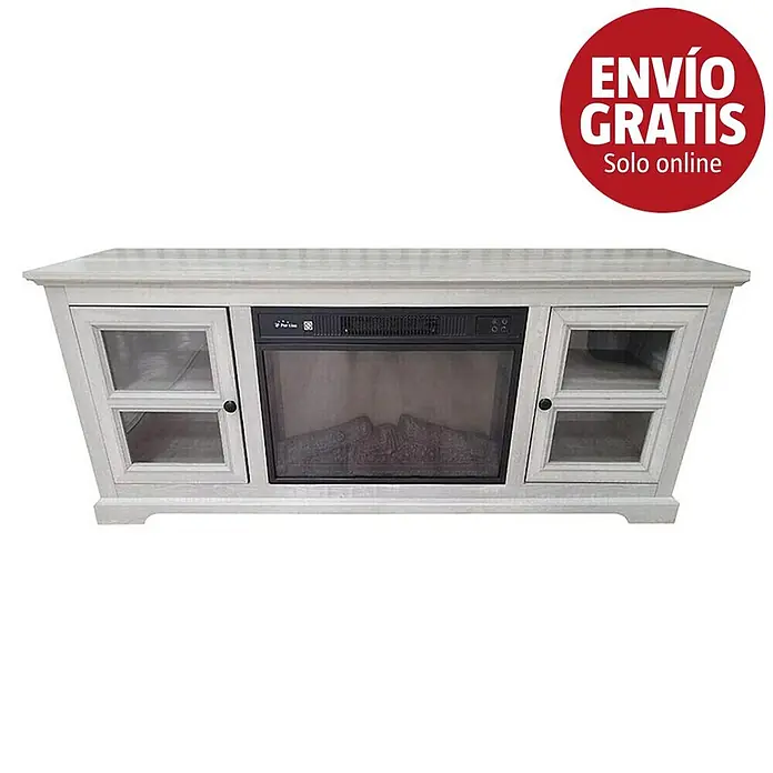 Purline Chimenea eléctrica CHE-900 - Gris, 2.000 W, 40 x 147 x 63 cm - Mueble de TV de madera gris claro con chimenea eléctrica integrada y gabinetes con puertas de vidrio.