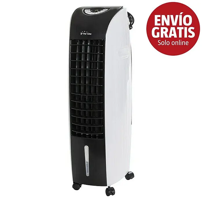 Purline Rafy Climatizador evaporativo 97 - Blanco y Negro, Altura: 84,5 cm - Enfriador de aire tipo torre blanco y negro con logo Pur Line, rejilla frontal e indicador de nivel de agua sobre ruedas.