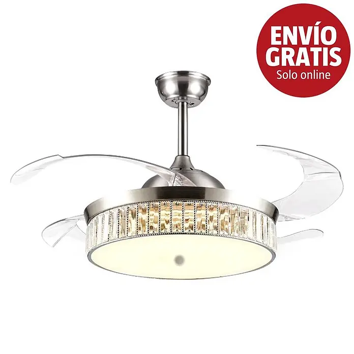 Led Hispania Ventilador de techo Luxury Libra - Dorado, 106 cm, 35 W, Blanco cálido - Ventilador de techo moderno con aspas transparentes retráctiles y acabado de níquel cepillado, con luz LED integrada decorada con cristales.