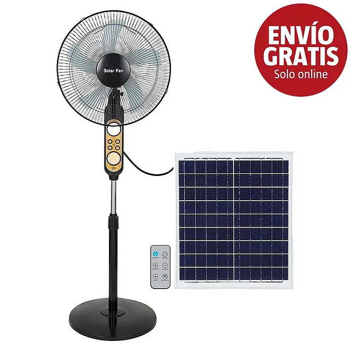Led Hispania Ventilador de pie Vega con batería y panel solar - Negro, 45 cm, 120 cm - Ventilador de pie solar negro con aspas plateadas, panel de control, panel solar azul oscuro separado y control remoto.