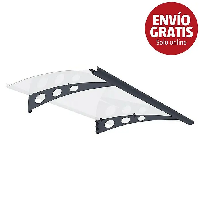 Palram – Canopia Marquesina para puerta Garamond - An x Pr x Al: 135 x 90,5 x 18,5 cm - Toldo de policarbonato transparente con soportes curvos gris oscuro/negros, para puerta o ventana.