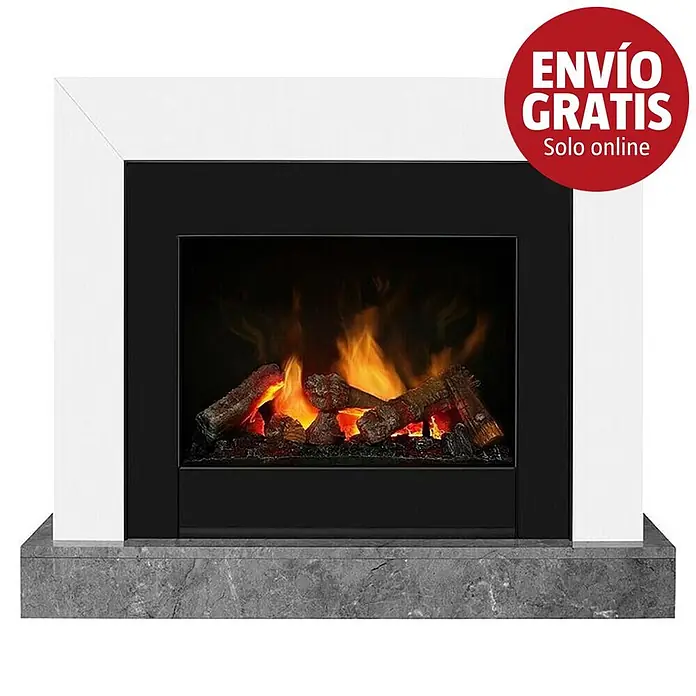 Dimplex Chimenea eléctrica Ravel - Negro, 1.000 W - 2.000 W, L x An x Al: 25,5 x 65 x 70 cm - Chimenea eléctrica con marco blanco, base efecto mármol gris y llamas realistas. Insignia roja: 'ENVÍO GRATIS Solo online'.