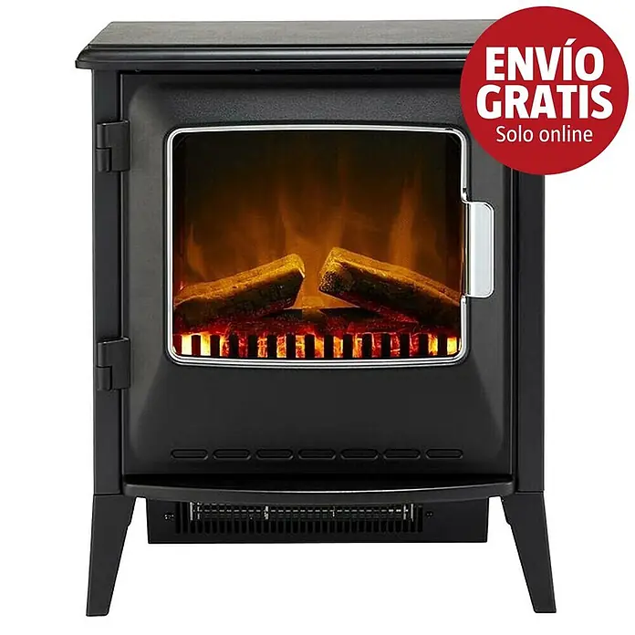 Dimplex Chimenea eléctrica Lucia - Negro, 900 W - 1.800 W, 34,4 x 50,8 x 59,7 cm - Chimenea eléctrica negra con puerta de cristal, mostrando leños artificiales y un efecto de fuego realista.