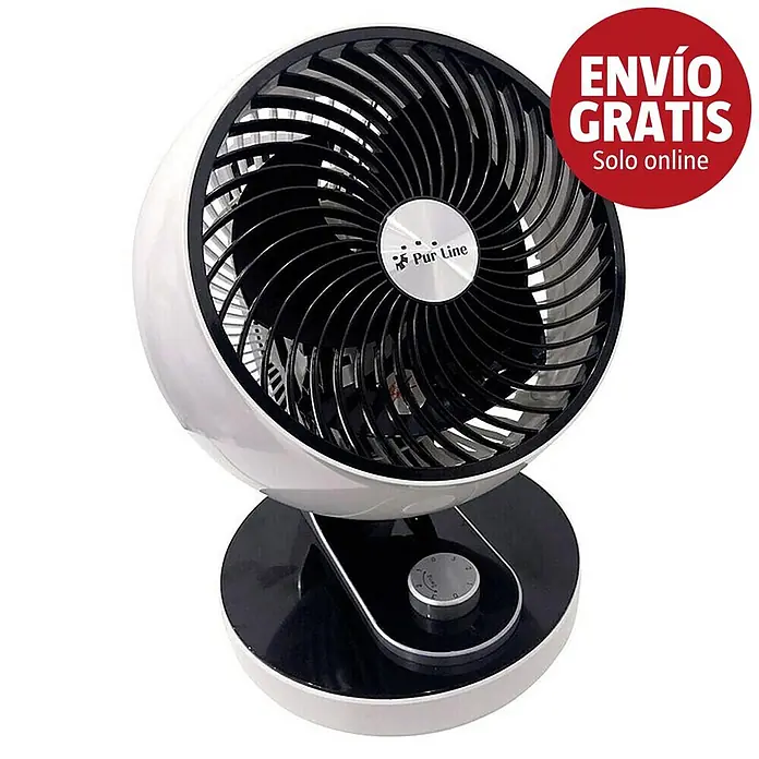 Purline Venty Ventilador de suelo TA 60 - 60 W, Blanco, 27 cm - Ventilador de mesa orbital blanco y negro con rejilla circular y perilla de control en la base.