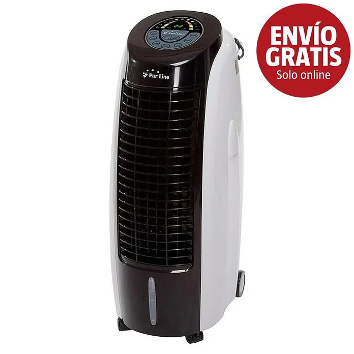 Purline Rafy Climatizador evaporativo 100 - Blanco/Negro, Altura: 88 cm, 130 W - Un enfriador de aire tipo torre Pur Line blanco y marrón oscuro con una pantalla digital superior y un indicador de nivel de agua frontal.