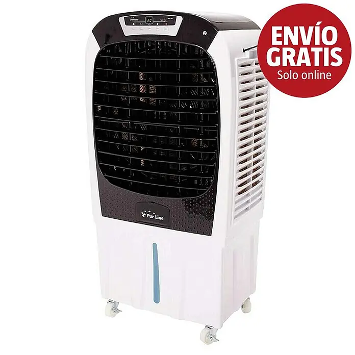 Purline Rafy Aire acondicionado portátil 195 - 450 W, Blanco/Negro - Enfriador de aire portátil blanco y negro con pantalla digital, logo Pur Line, indicador de nivel de agua y ruedas.