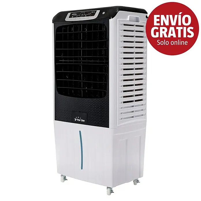 Purline Rafy Climatizador evaporativo 185 - Blanco/Negro, Altura: 104 cm, Potencia frigorífica: 200 W, Tamaño de la estancia: 80 m² - Climatizador evaporativo blanco y negro sobre ruedas, con rejilla frontal e indicador de nivel de agua.