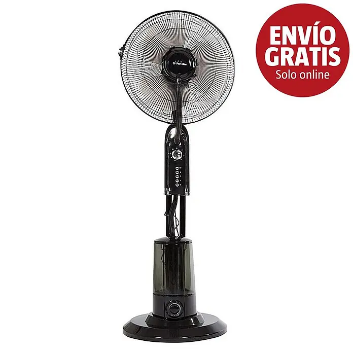 Purline Misty Ventilador de pie 1 - Negro, Altura: 125 cm - Ventilador de pie negro con humidificador integrado y panel de control en el soporte.