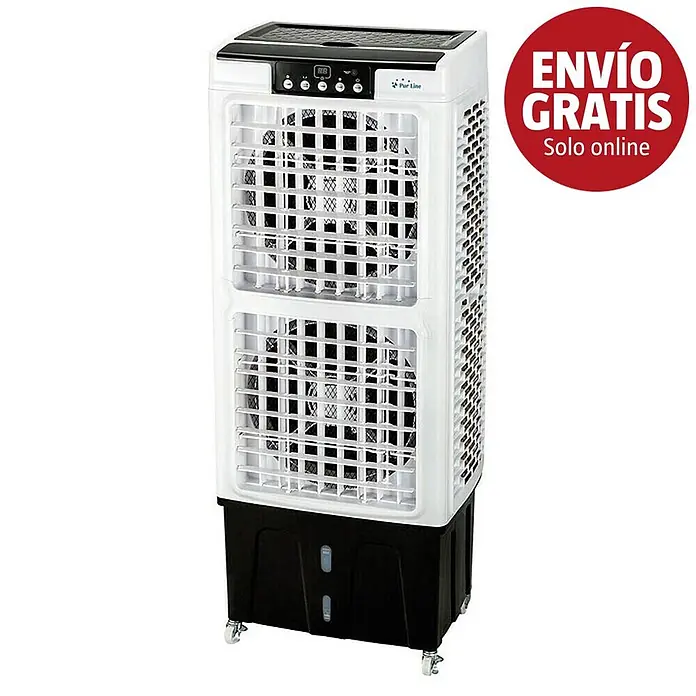 Purline Rafy Aire acondicionado portátil 220 - 220 W, Blanco/Negro - Enfriador de aire evaporativo alto blanco y negro con panel de control y ruedas.