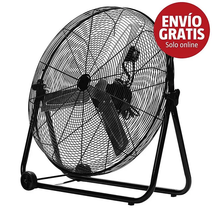 Purline Venty Ventilador de suelo industrial 160 - 160 W, Negro, 70 cm - Ventilador de tambor industrial negro con rejilla, aspas negras y soporte con ruedas. Insignia roja "ENVÍO GRATIS Solo online" arriba a la derecha.