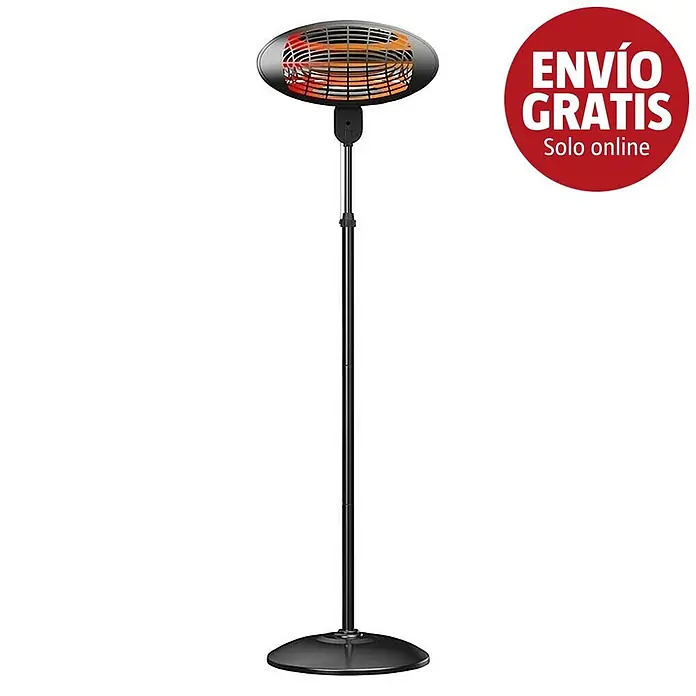 Purline Calefactor halógeno de pie Heaty EX2000 - 2.000 W, Negro - Calefactor de patio negro con cabezal ovalado, elementos calefactores brillantes y soporte alto con base redonda.