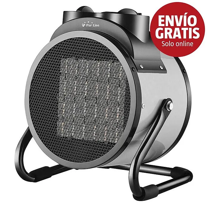 Purline Calefactor industrial HOTI F3000 - 1.500 kW - 3.000 kW - Calefactor eléctrico redondo gris oscuro portátil con rejilla metálica y soporte, marca Pur Line.